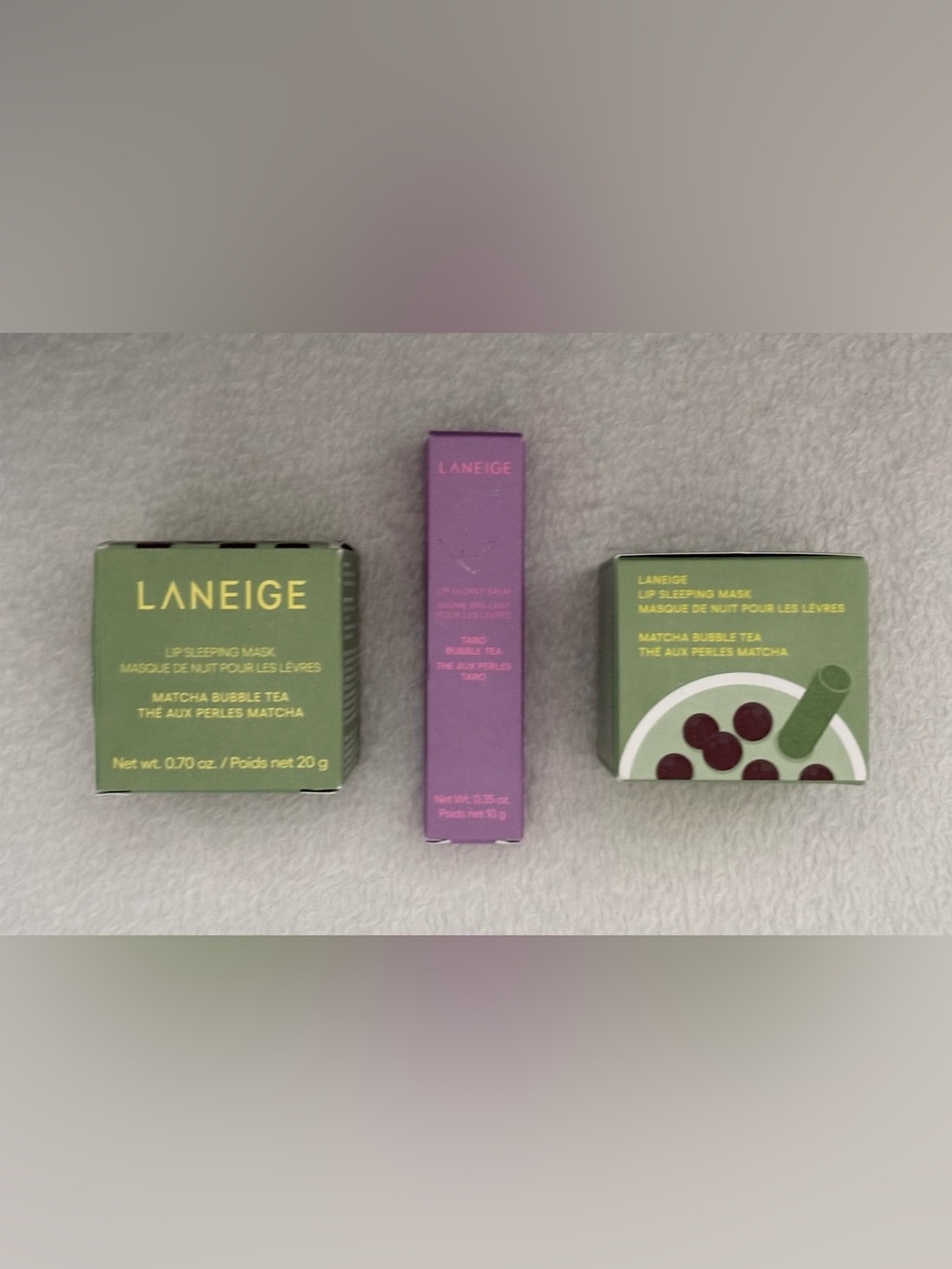 2 LANEIGE Lip Sleeping Mask Matcha Bubble Tea + 1 Lip Glowy Balm Taro Bubble Tea